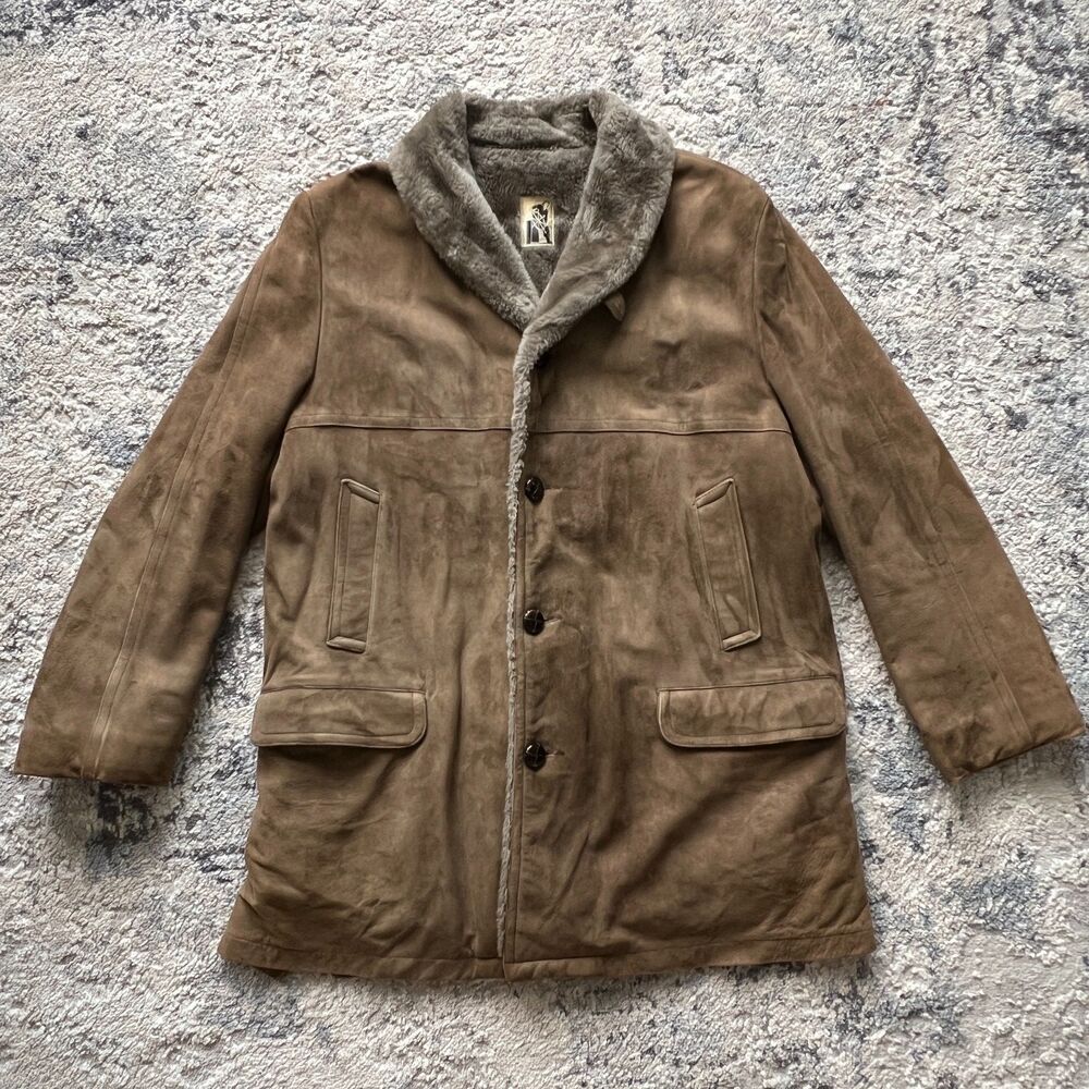 1970'S Mighty Mac Suede Leather Jacket Mens 42 Fur Collar Sherpa Lined Barn Coat